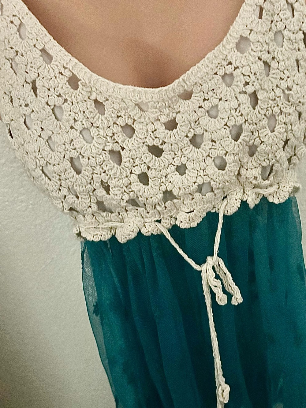 Cream Crochet Bodice Teal Chiffon Maxi Top